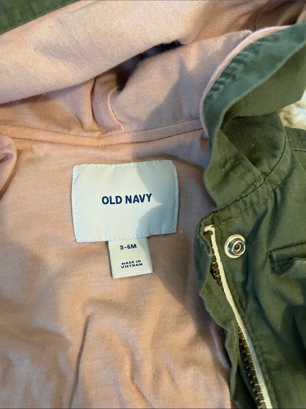 Old Navy Olive Green Hooded trench Jacket with Pink Lining 3-6 month